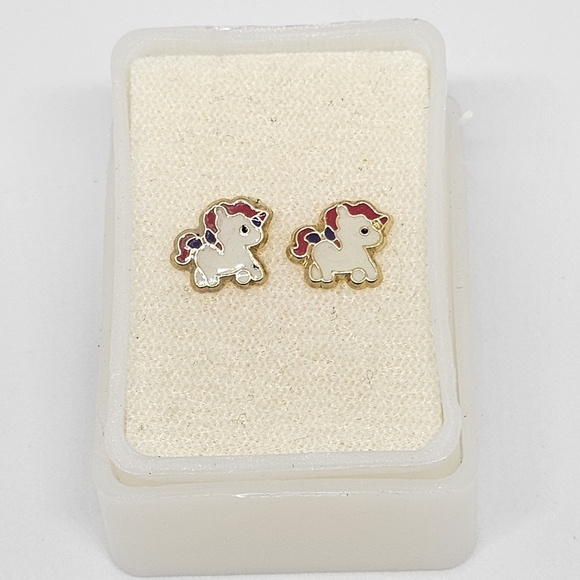 10k Real Gold Unicorn Stud Earrings, Tiny Little Girls Studs, Animal Earrings, - Picture 1 of 7